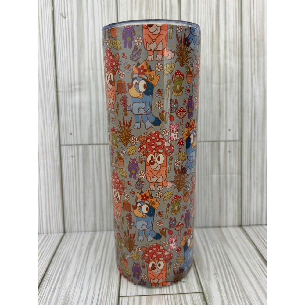 Bluey Bandit Tumbler 20 oz Skinny Cup Travel Mug Stainless Steel Mushroom King